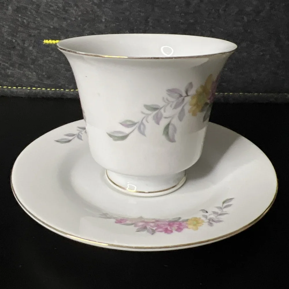 STR China Vintage Pink‎ Purple Yellow Floral Tea Cup and Saucer Gold Accents